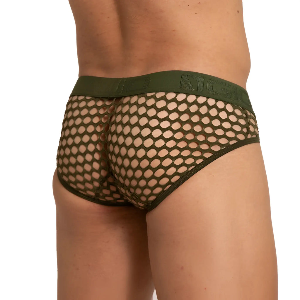 Olive green mesh briefs with a solid waistband embroidered with kiss brand name gigo hole green brief