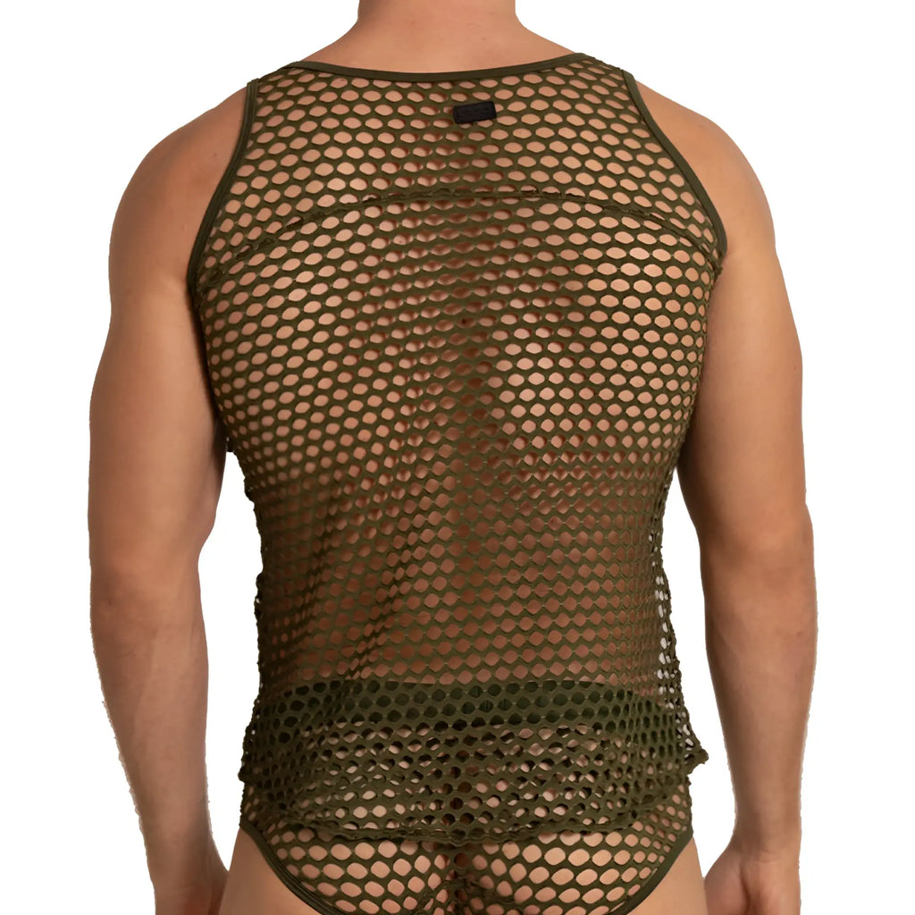 Olive green mesh tank top gigo hole green tank with fitted form-fitting design and breathable material