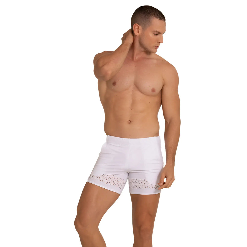 White athletic shorts with perforated hem detail designed for beachwear by gigo hole in white color