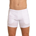 White athletic shorts with perforated mesh panel at hem from gigo hole white beachwear collection