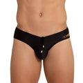 Black swim trunks with drawstring closure and orange hashtag branding on the waistband from gigo hot black swim brief collection