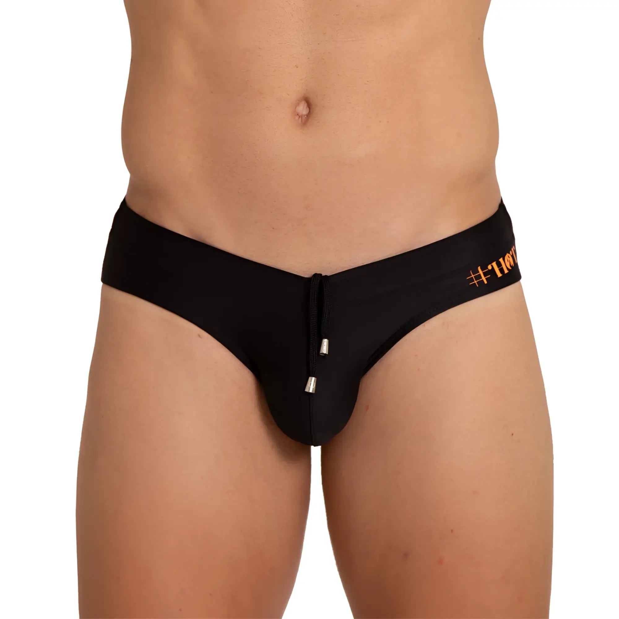 Black swim trunks with drawstring closure and orange hashtag branding on the waistband from gigo hot black swim brief collection