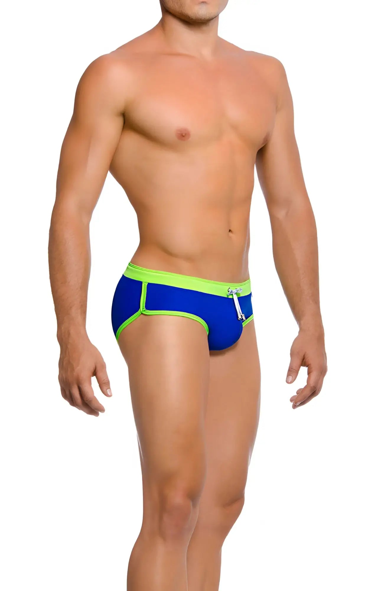Bright blue gigo hot blue green brief swimwear with neon green trim and white drawstring in size m