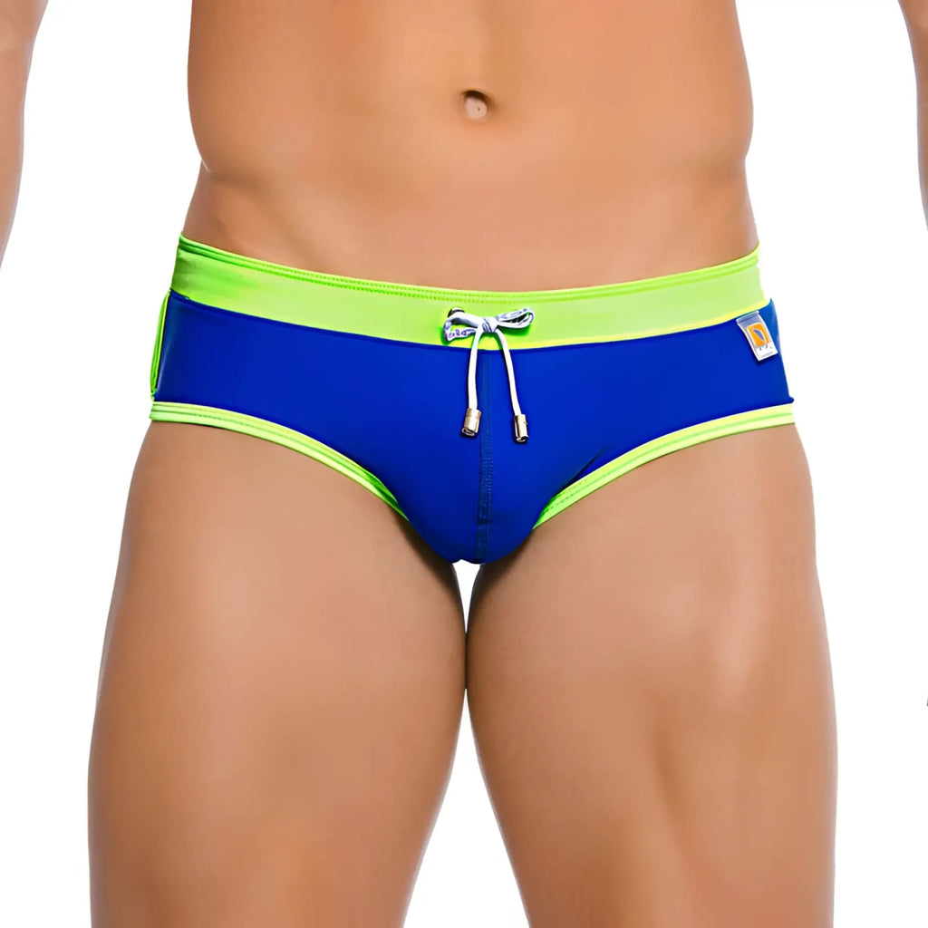 Gigo hot blue green brief swimwear in bright blue with neon green trim and matching drawstring size m
