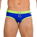 Gigo hot blue green brief swimwear in bright blue with neon green trim and matching drawstring size m