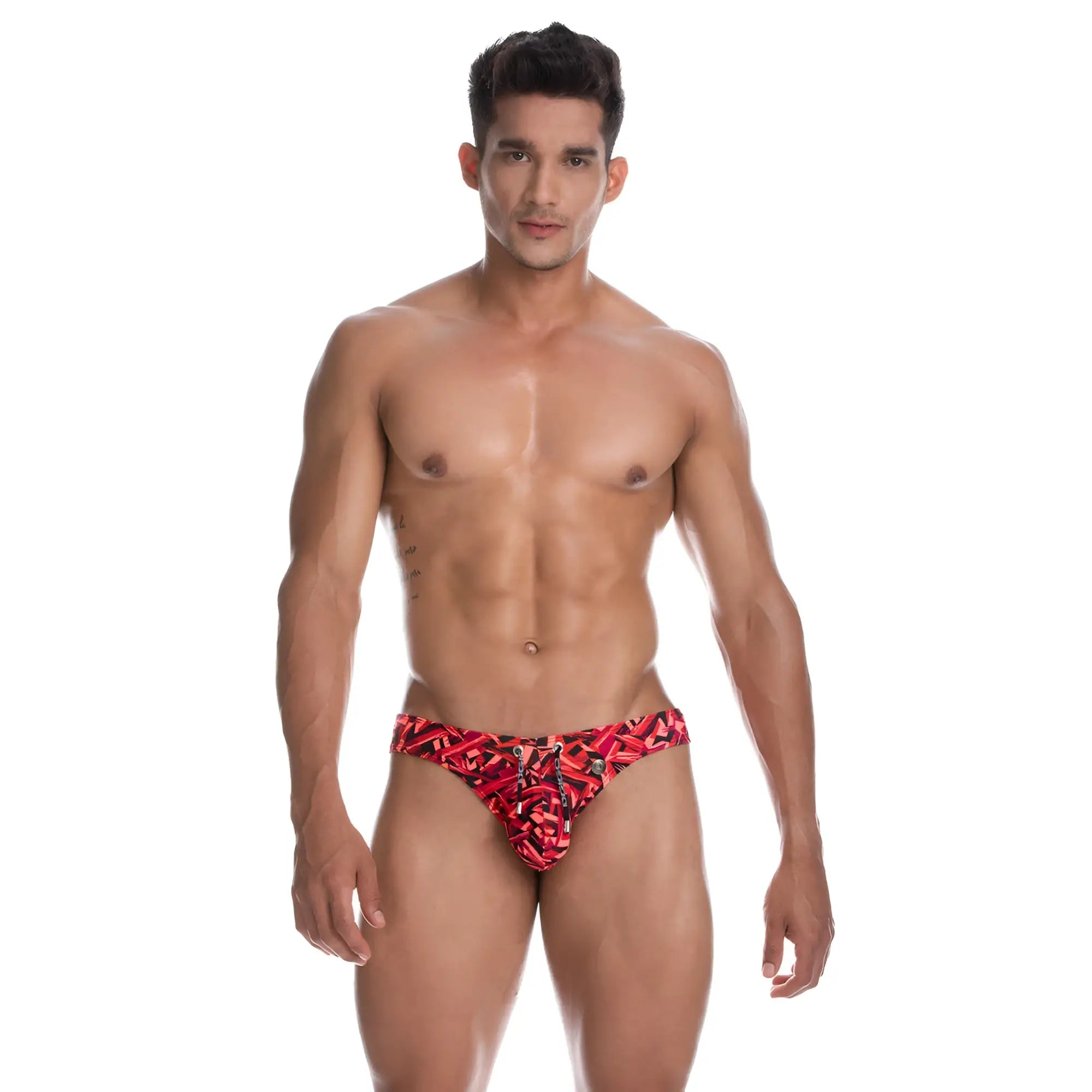 Red and black patterned Gigo Ice Red swim brief with bold graphic design for men’s swimwear use