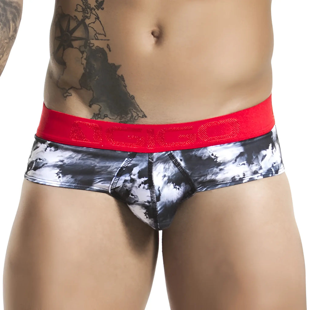 Black and white tie-dye gigo iceburg brief underwear with bold red waistband and raised brand name in size medium