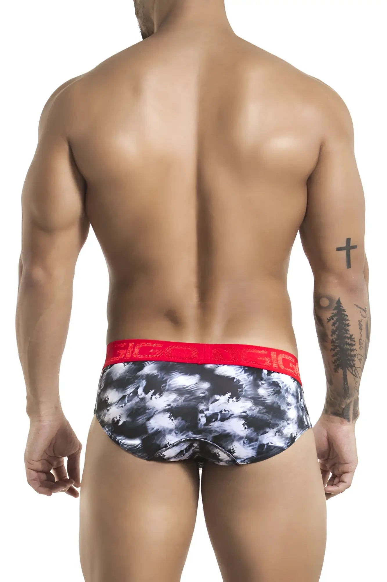 Black and white tie-dye Gigo ICEBERG brief underwear with red elastic waistband and sic branding size M