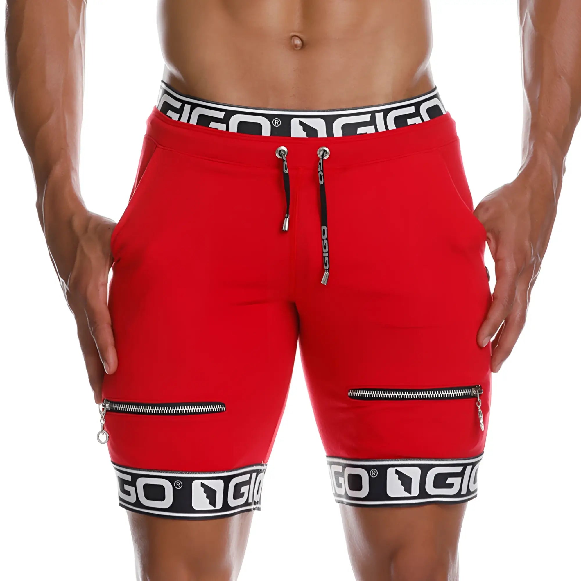 Gigo id red short with black and white branded waistband and hem red athletic shorts featuring side zippers and drawstring closure