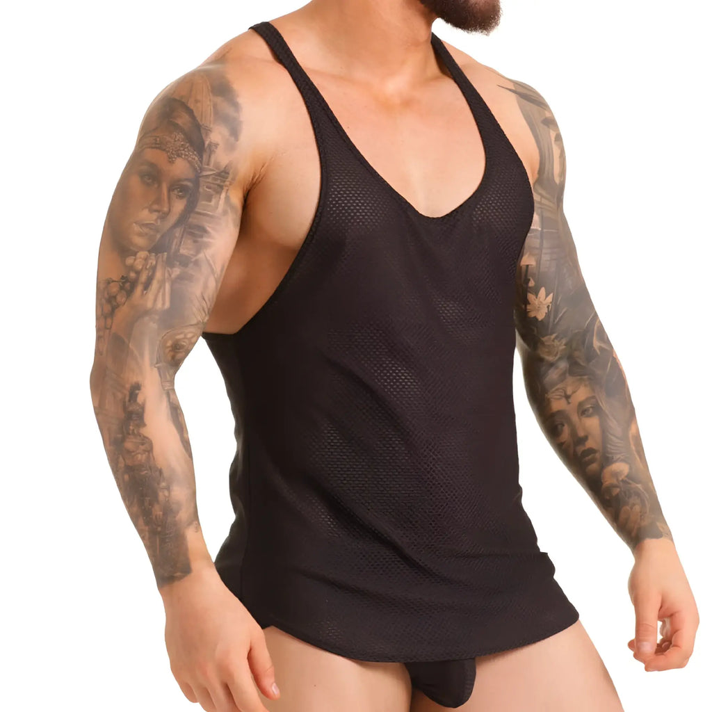 Black mesh tank top gigo insuperable with v neck and racerback design showing back side details