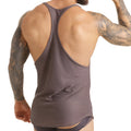 A dark gray breathable mesh gigo insuperable tank top with racerback design shown from the back side