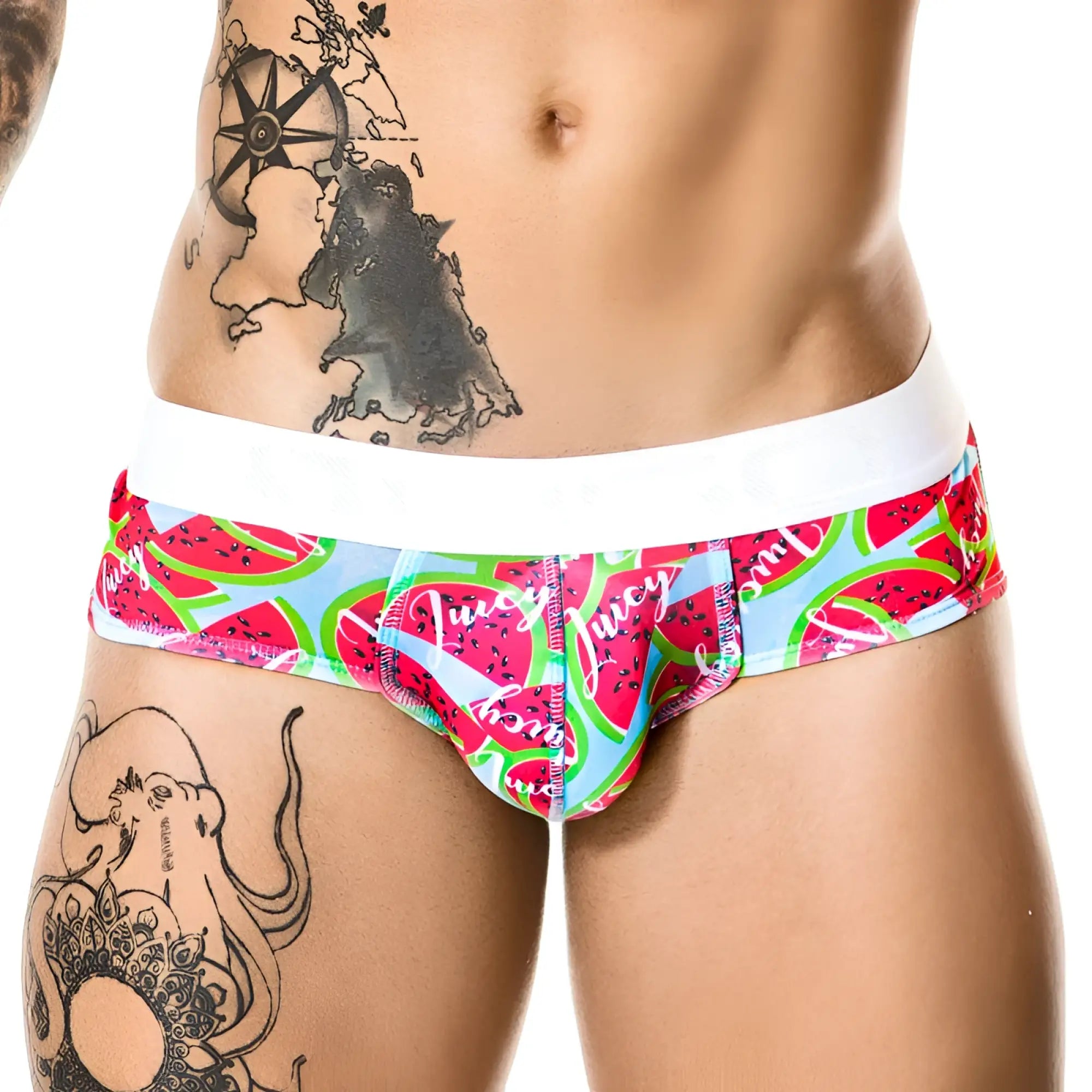 Vibrant watermelon patterned gigo juicy brief underwear with white waistband in size s for men