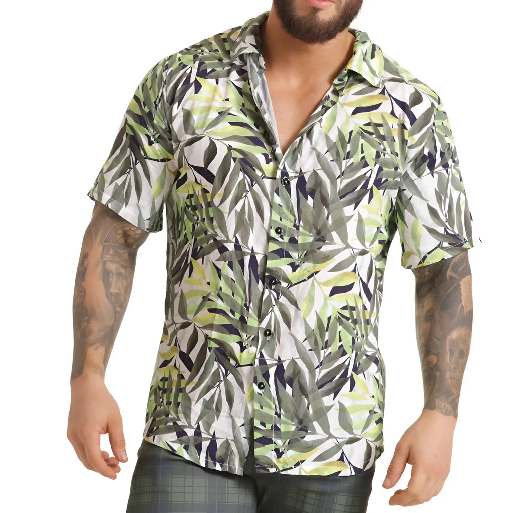 A men’s short-sleeved button-up Gigo Jungle shirt with vibrant green gray and white tropical leaf pattern