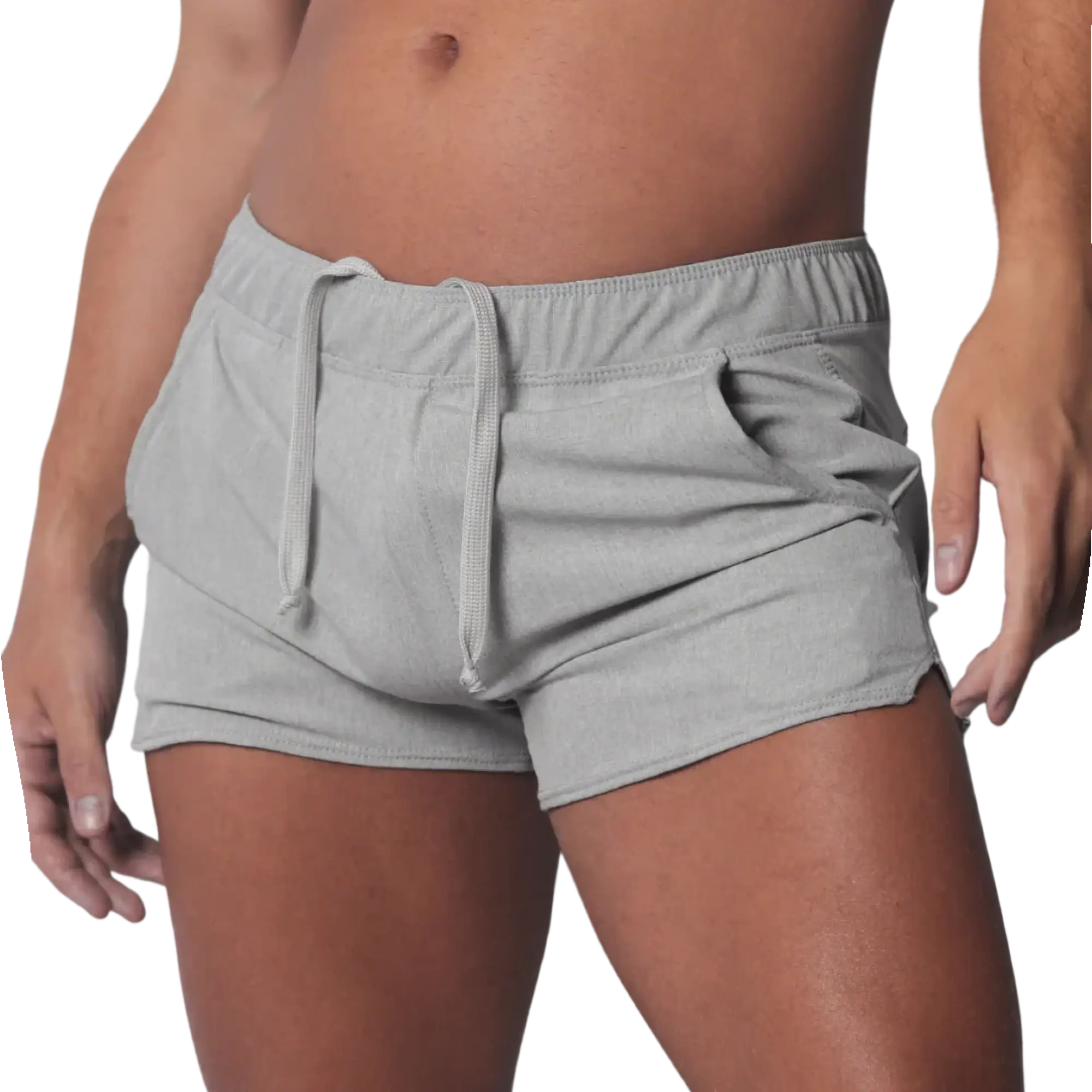 Gray mid-thigh athletic shorts with an elastic drawstring waistband and curved hem side slits.