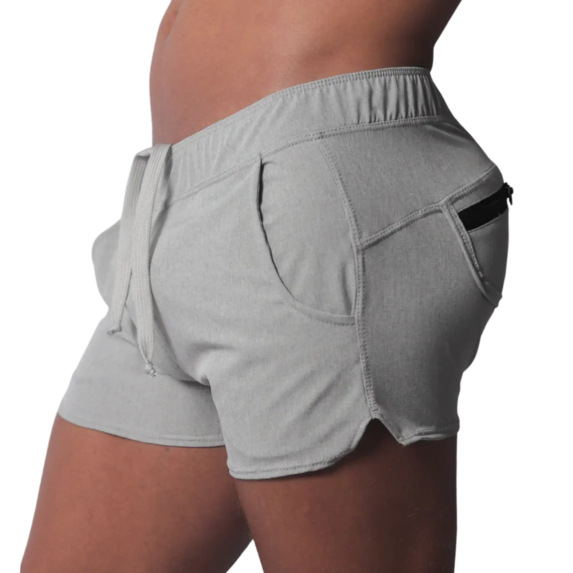 Gray short-length athletic shorts featuring an elastic drawstring waistband and a side pocket with a black zipper.