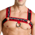 Red and black gigo karma black harness with metallic ring centerpiece designed for secure and stylish wear