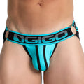 Turquoise and black gigo karma blue jock briefs with textured front panel and side stripes for stylish comfort