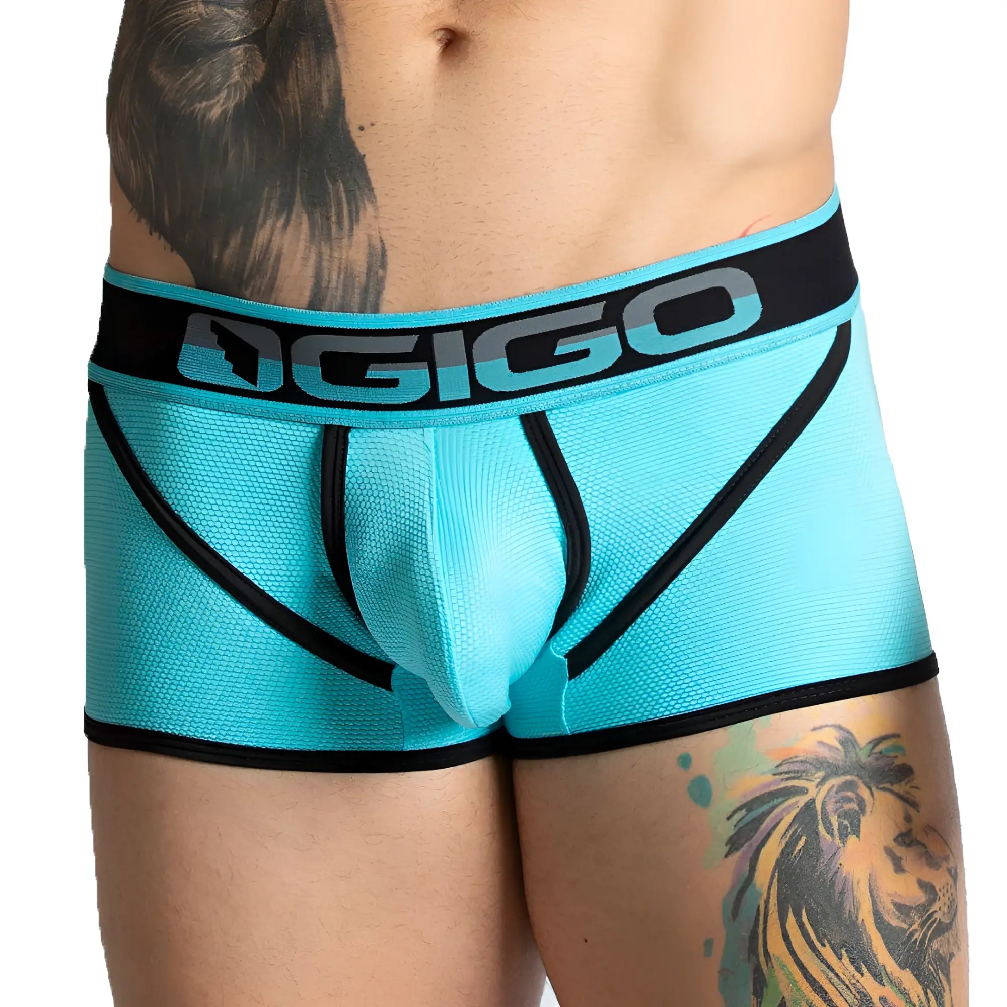 Gigo karma blue trunk turquoise and black men’s briefs with textured mesh fabric and bold contrasting trim