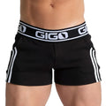 Gigo Khanal black athletic shorts with white side stripes and branded waistband for active wear