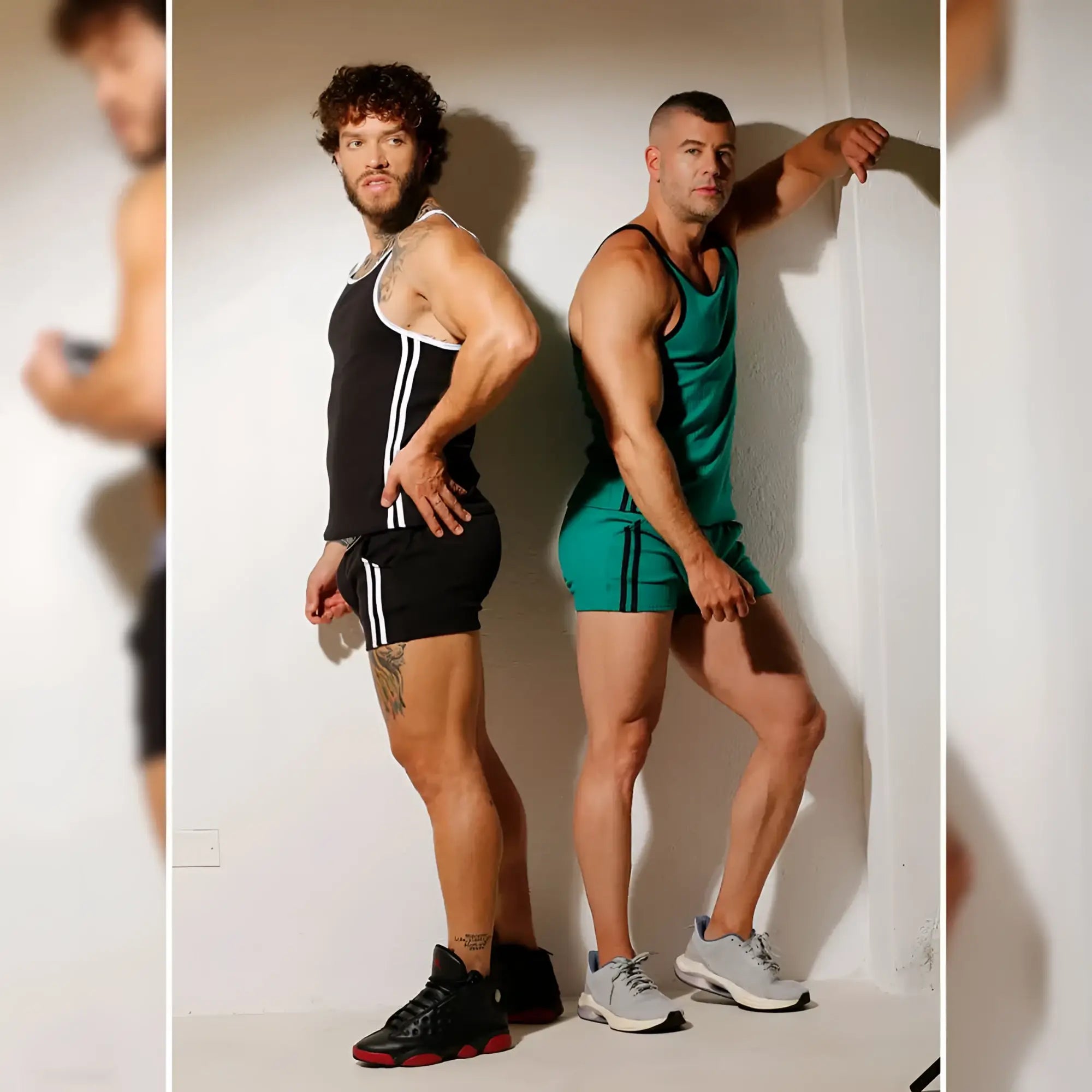 Athletic tank tops in black and green with white side stripes from gigo khanal black short collection