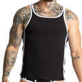 Gigo Khanal black ribbed tank top with white trim along neckline and side seams for casual wear