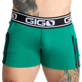 Gigo Khanal green ribbed athletic shorts with black side stripes and branded waistband for active wear
