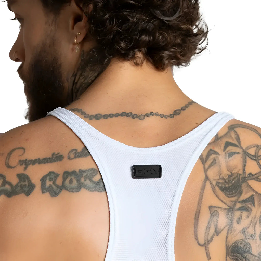 Back view of gigo lemon white mesh tank top with black rectangular brand patch made of breathable fabric