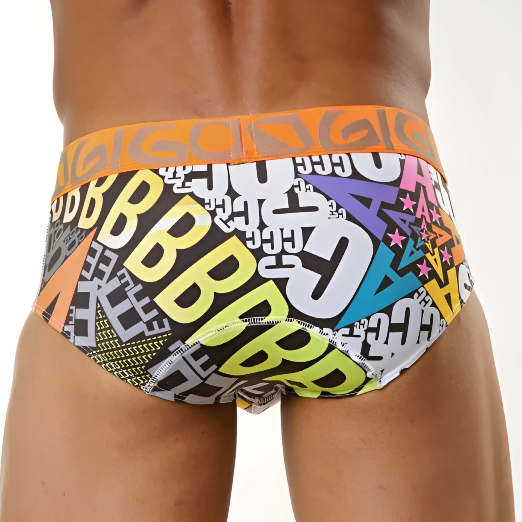 Gigo letters brief underwear size xl featuring vibrant graffiti style print with bold orange waistband on black base