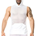 White mesh hooded sleeveless top with solid white front panel and pocket by Gigo in size M