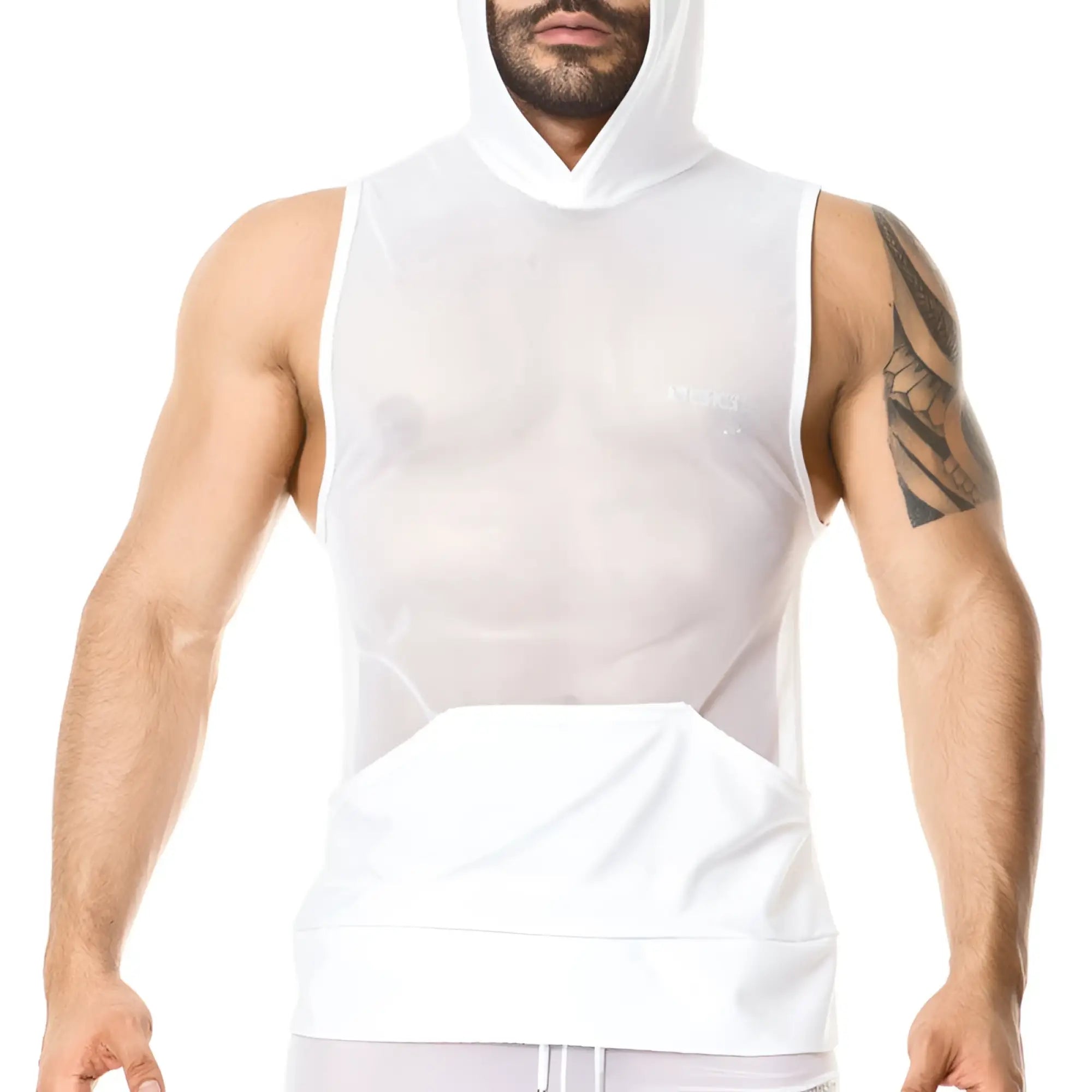 White mesh hooded sleeveless top with solid white front panel and pocket by Gigo in size M