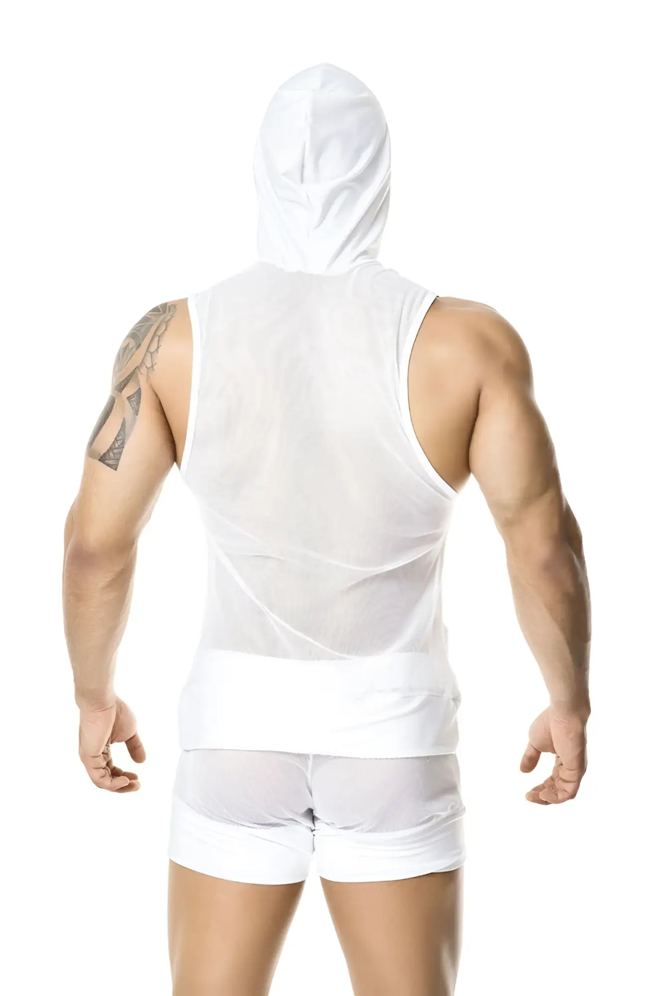 White mesh hooded tank top with solid white waistband by Gigo light white hoody muscle top t shirt size M