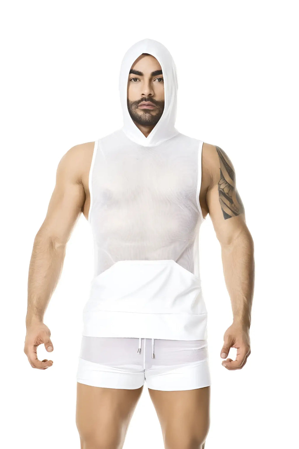 White mesh hooded tank top with solid white waist panel gigo light white hoody muscle top size m