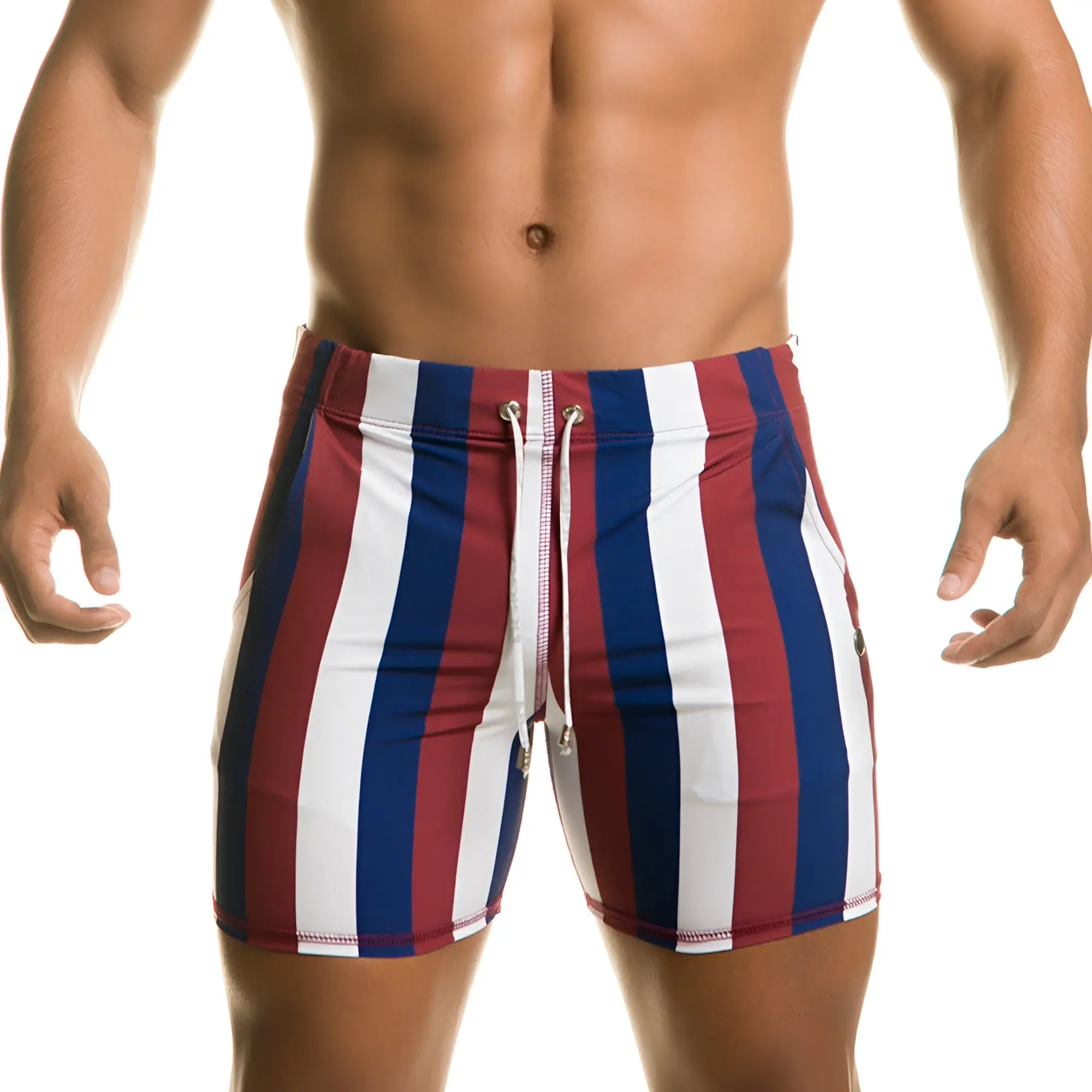 Men’s Gigo Line Beachwear swim trunks with red white and blue vertical stripes and a drawstring waistband