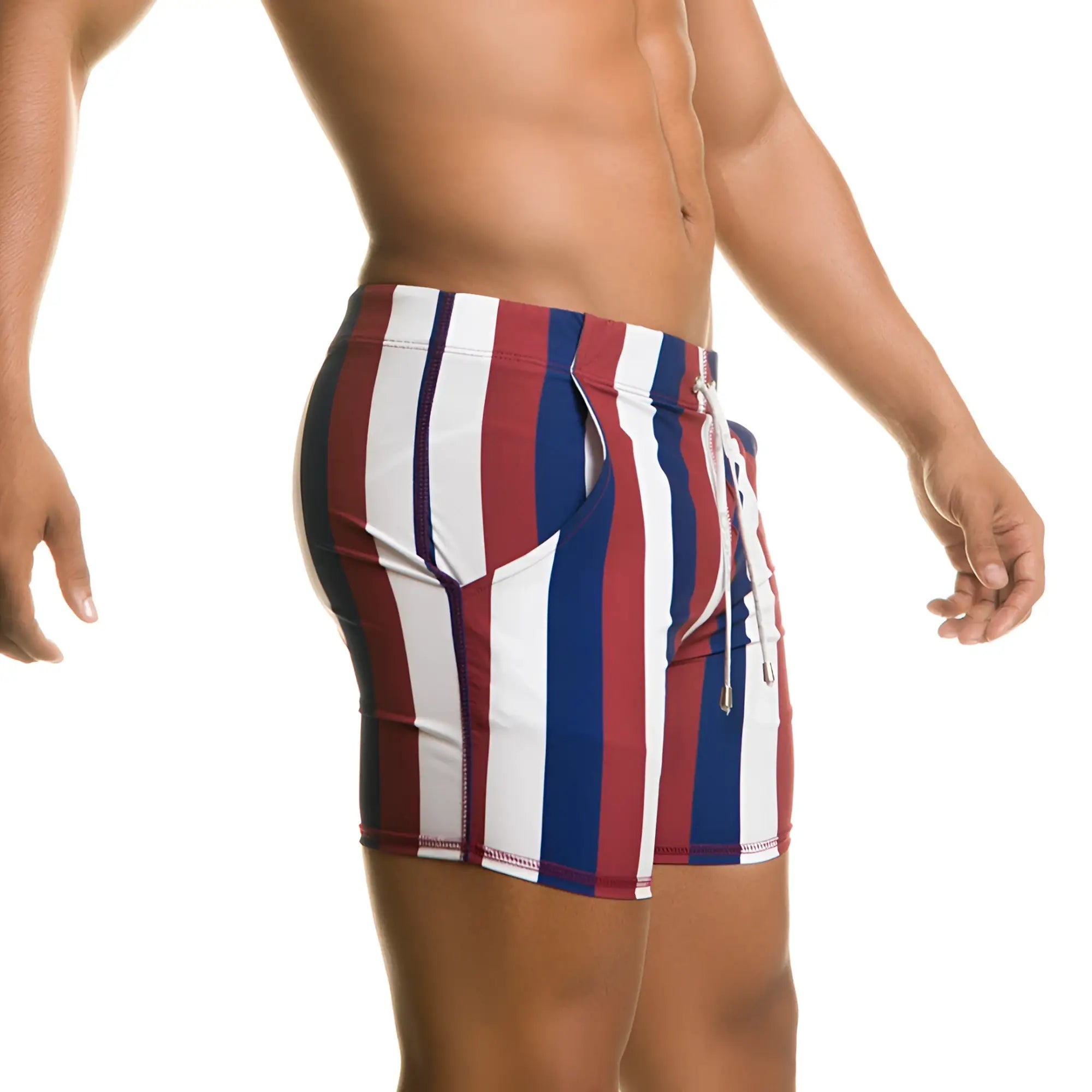 Men’s gigo line beachwear swim trunks with red white and blue vertical stripes and a drawstring waistband
