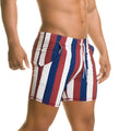 Gigo Line beachwear swim trunks with vertical red white and blue stripes and a drawstring waistband
