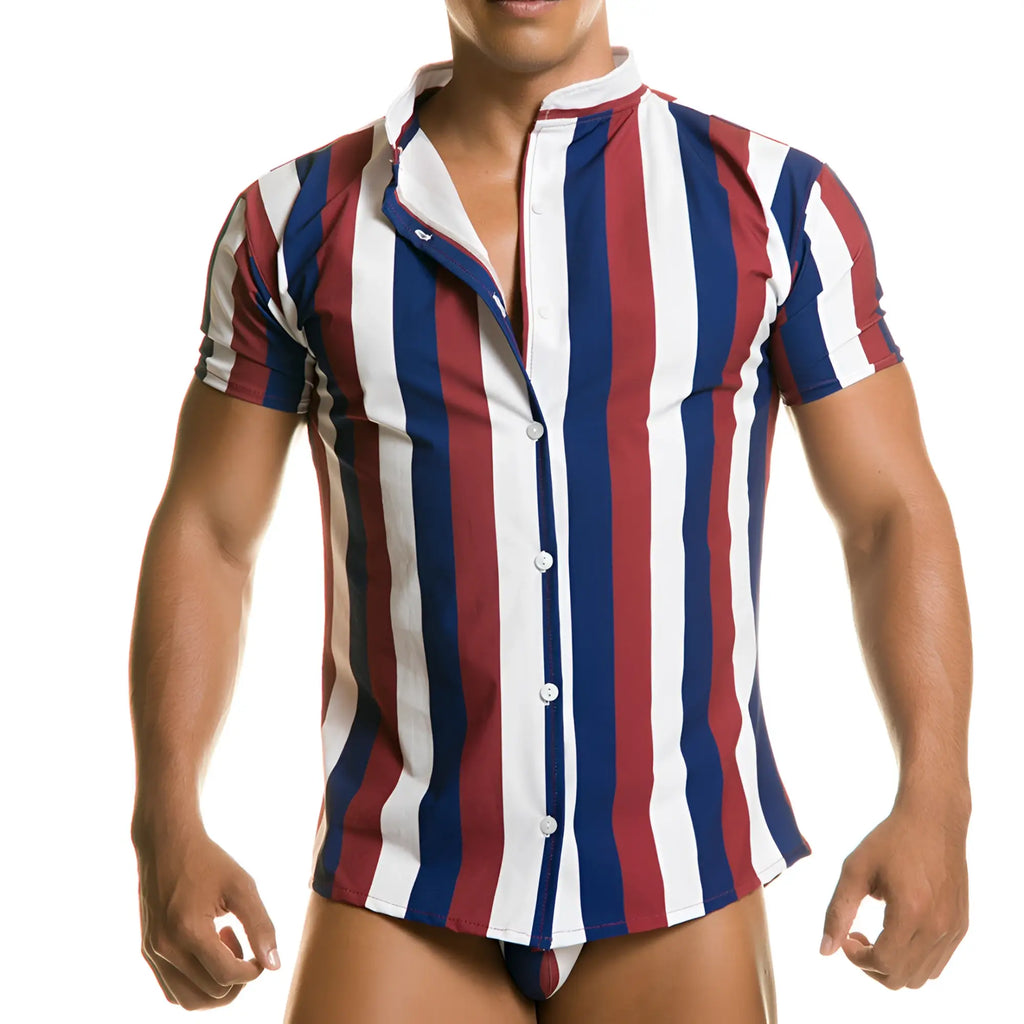A man wearing a gigo line shirt short-sleeved button-up with bold red white and navy blue vertical stripes