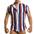 A man wearing a gigo line shirt short-sleeved button-up with bold red white and navy blue vertical stripes