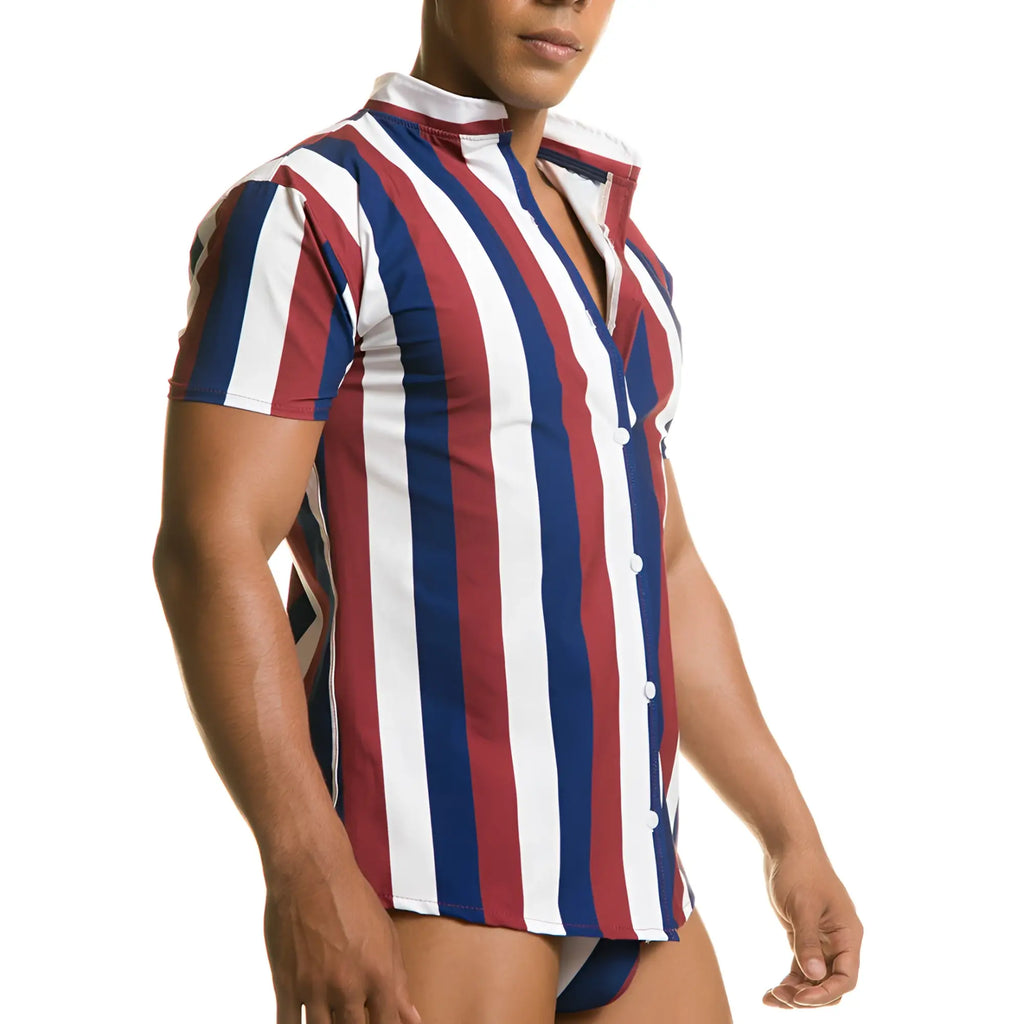 A men’s short-sleeved button-up Gigo Line shirt with bold red white and navy blue vertical stripes