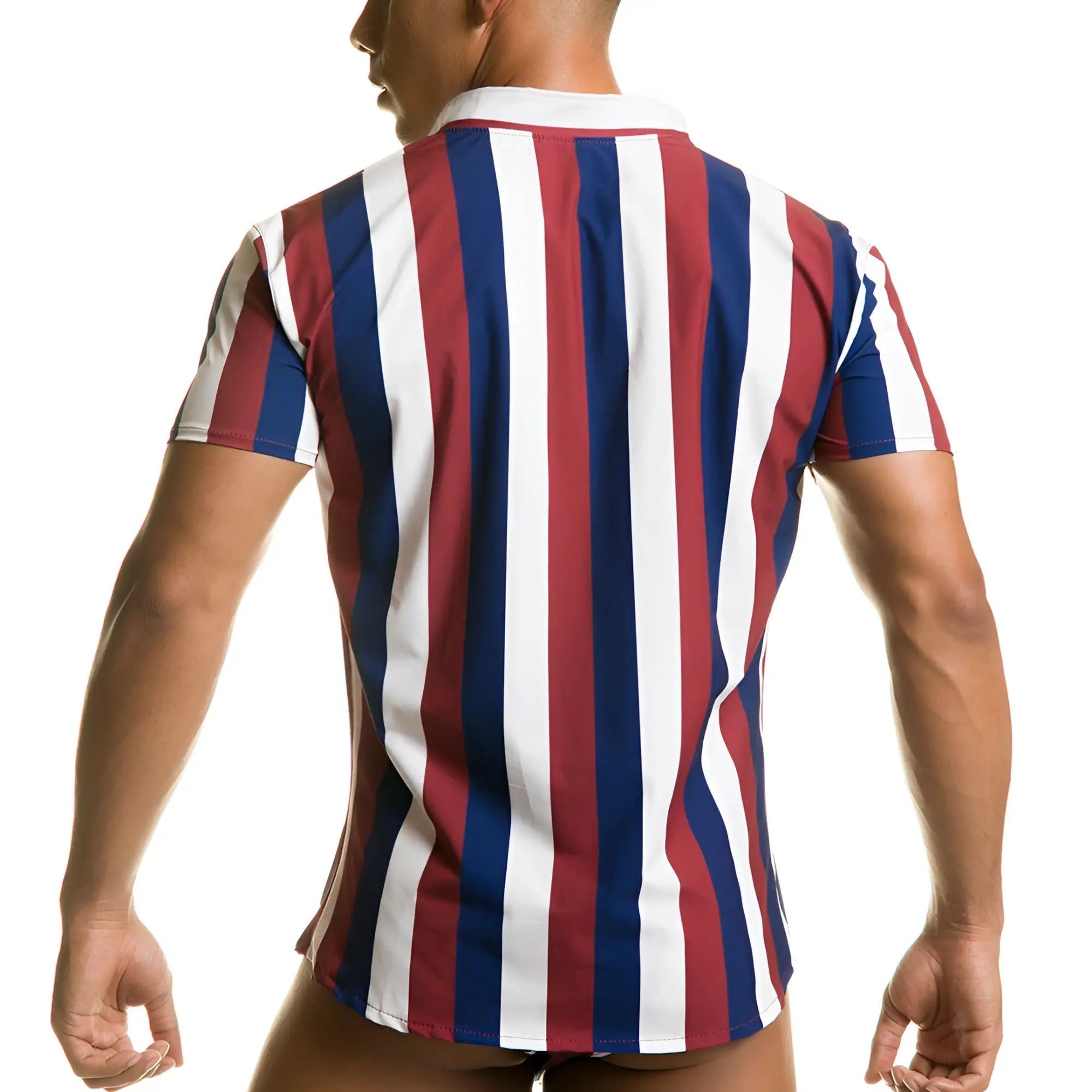 A men’s short-sleeved Gigo Line Shirt with bold vertical red white and navy blue stripes perfect for casual wear