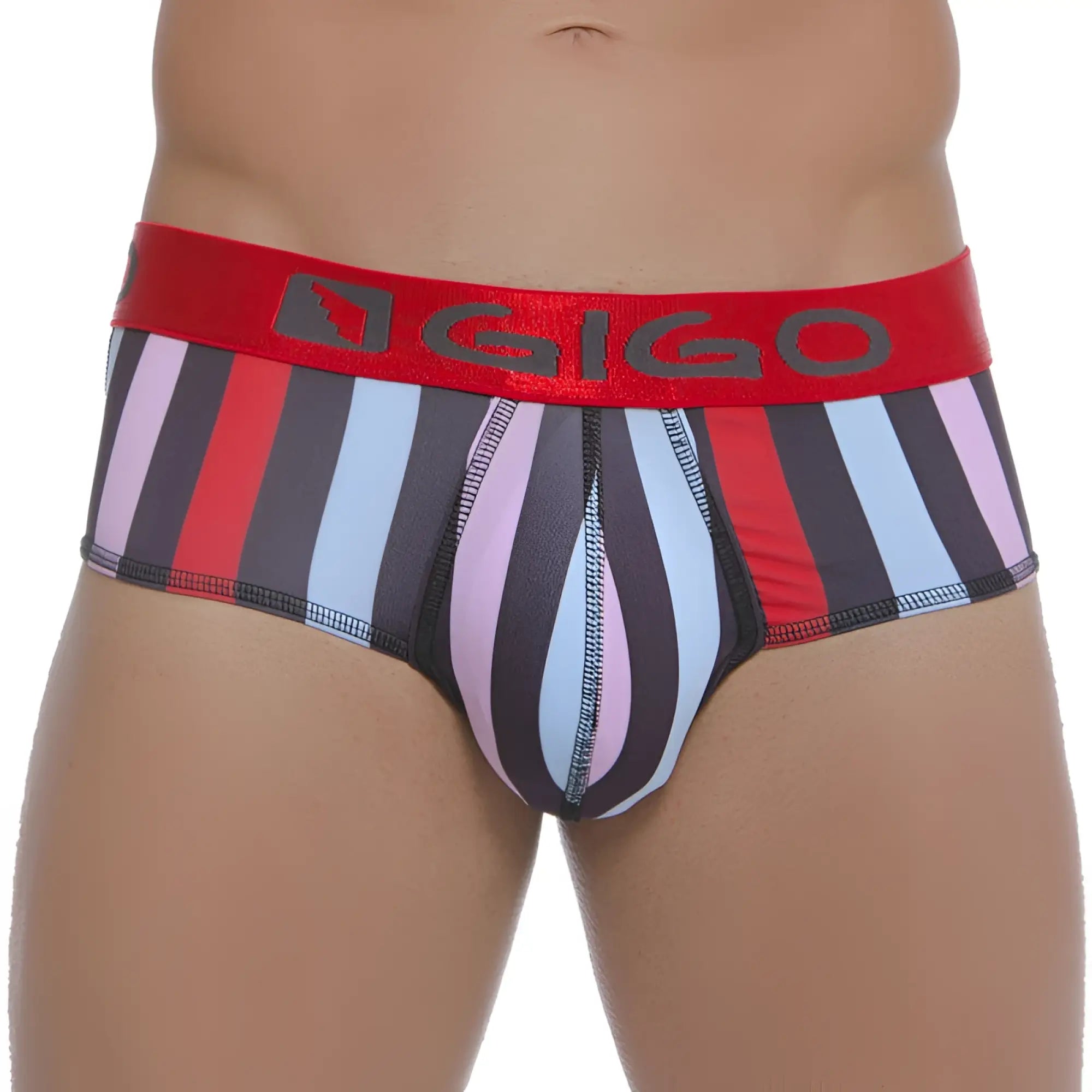 Striped gigo lines brief underwear size s with red black light blue and pink stripes and bold red waistband logo