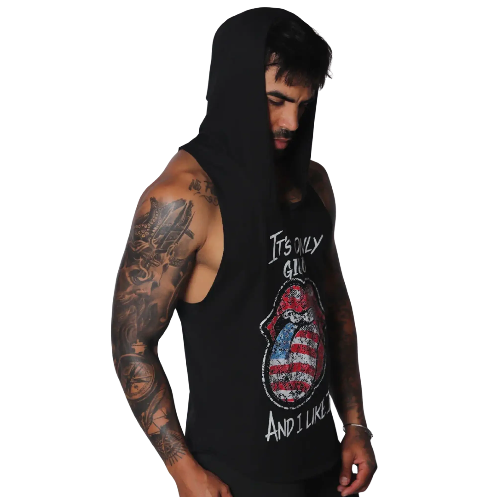 Black sleeveless hooded T-shirt with a distressed US flag-patterned lips graphic and white text.