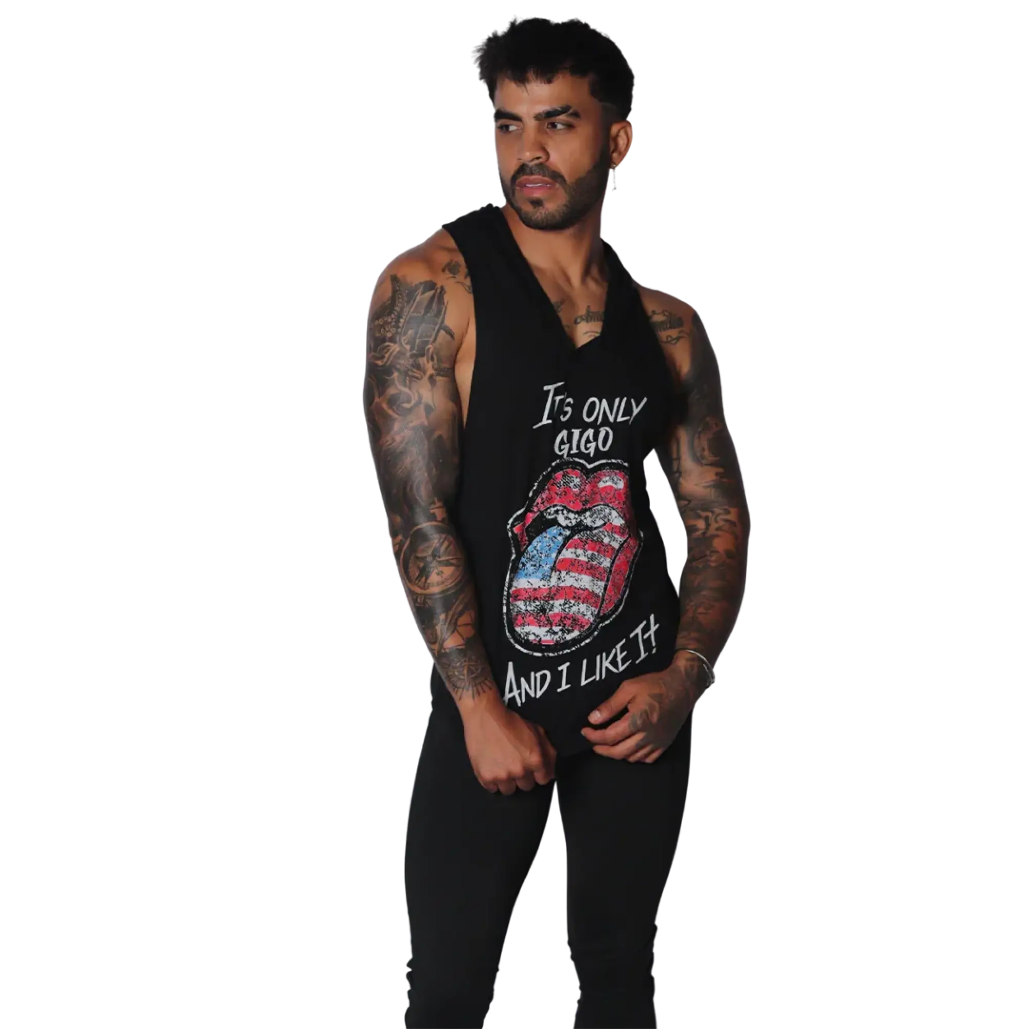 Black sleeveless hooded tank with American flag-patterned lips graphic and "It's only Gigo and I like it" text.