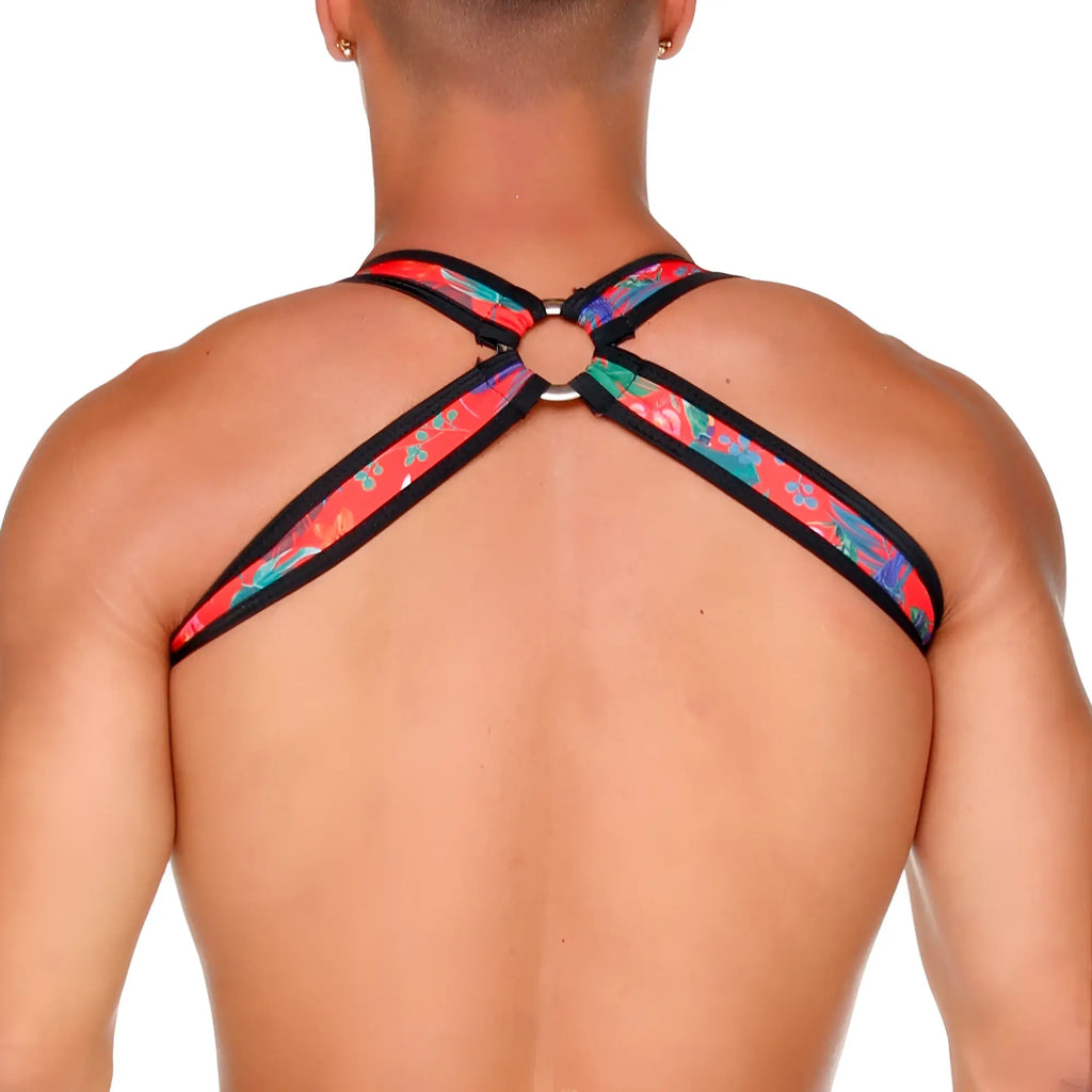 Back view of gigo macaws red harness featuring a red floral-patterned fabric with black trim worn across the back