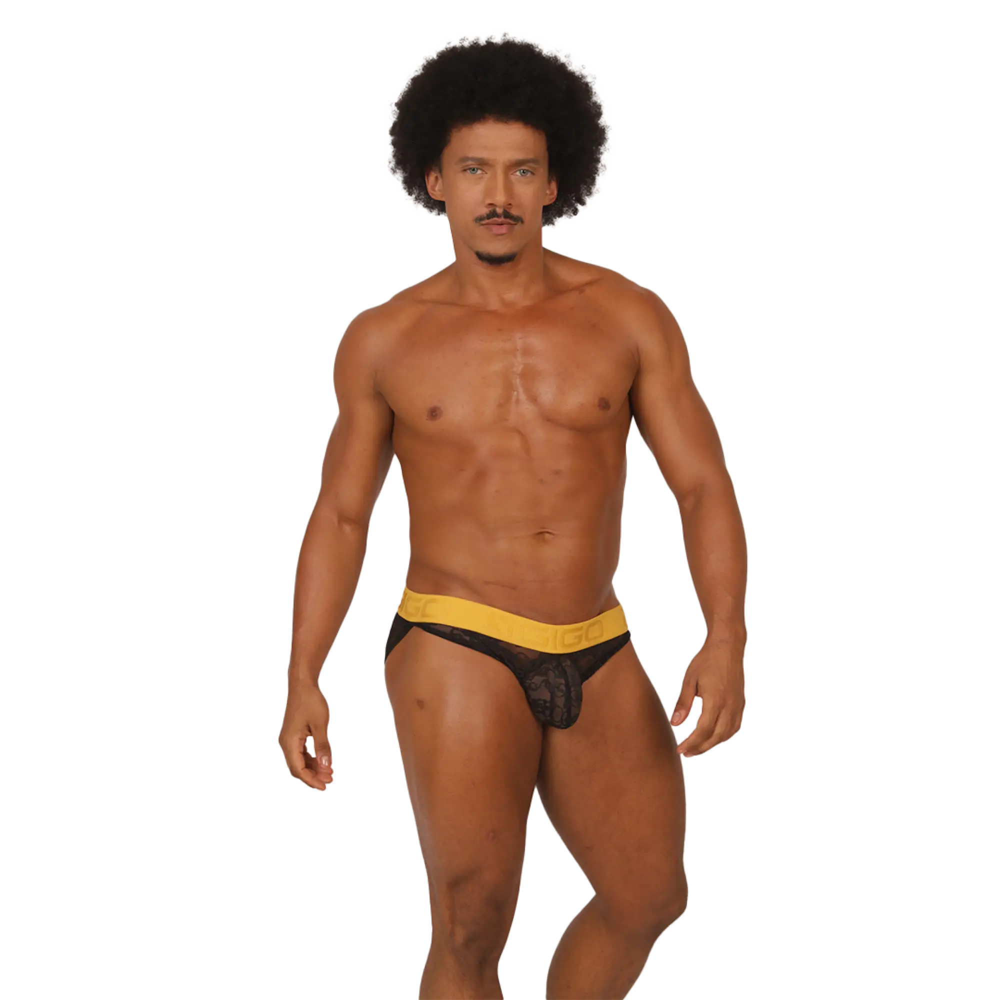 Black lace Gigo Magnetic Brief with bright yellow waistband featuring a comfortable elastic band design