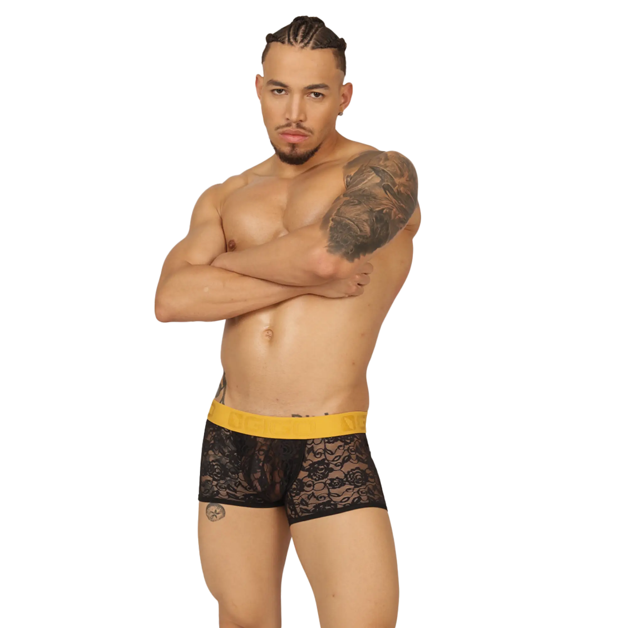 Black lace boxer briefs with a vibrant yellow elastic waistband from the gigo magnetic trunk jock collection