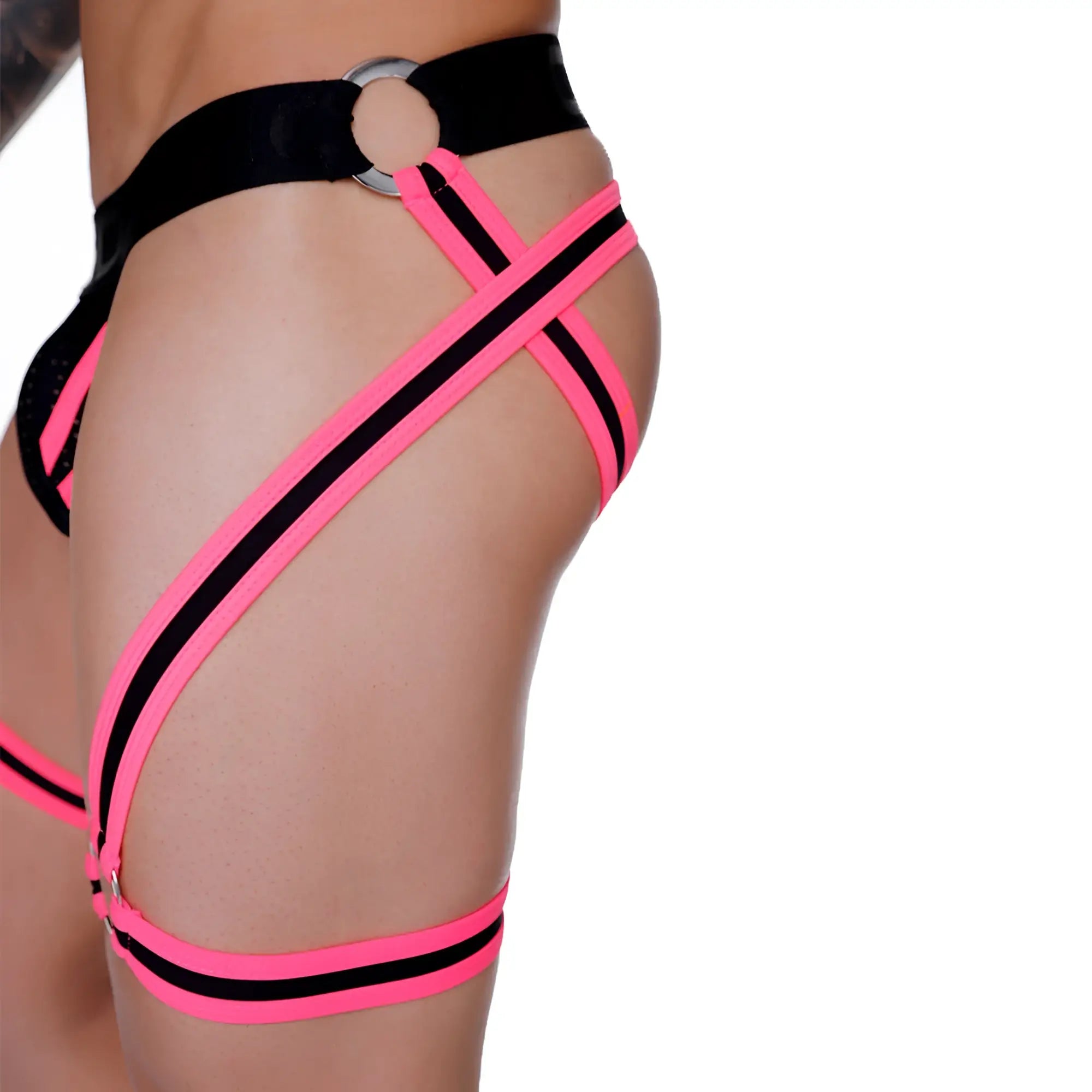 Bright pink and black striped harness-style lingerie with a silver metal ring at waistband from gigo medieval candy gelbert belt