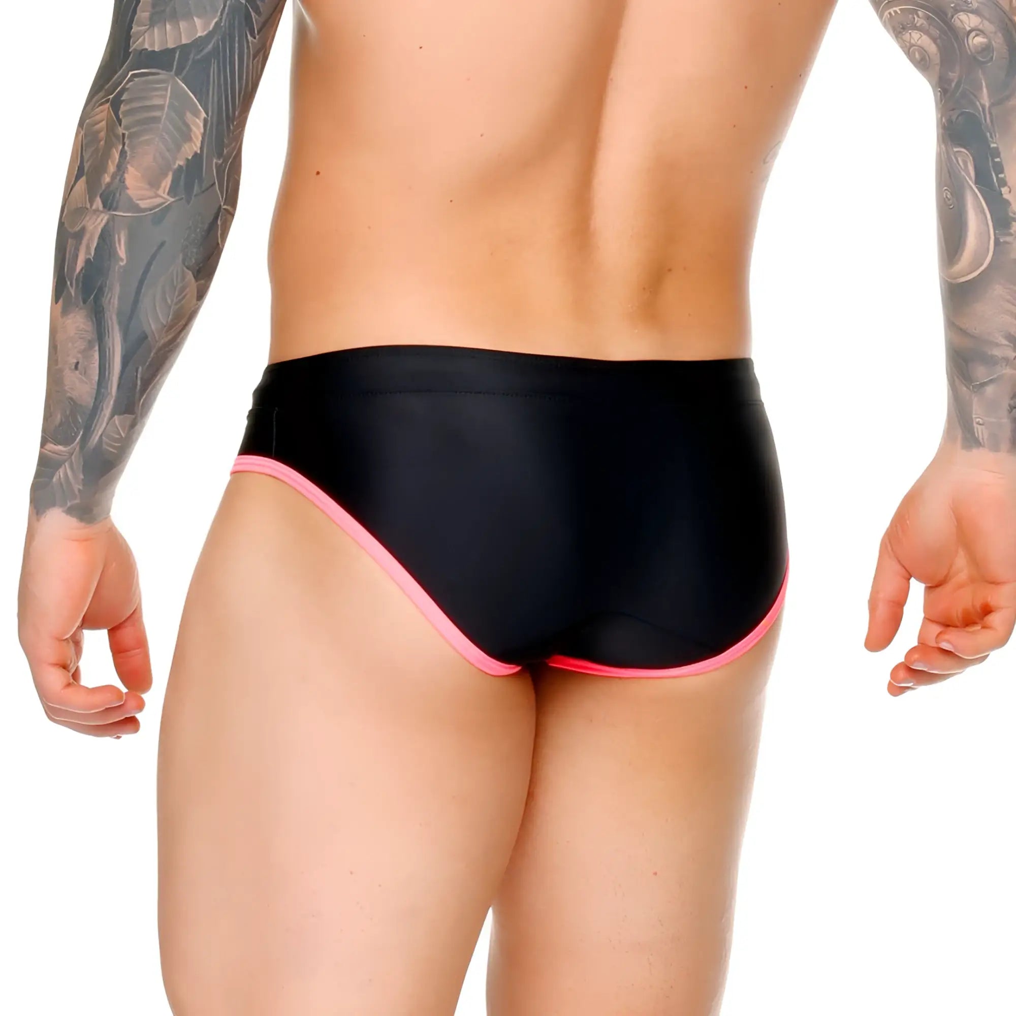 Black swim trunks with vibrant pink trim on waistband and legs from gigo medieval candy swim brief collection