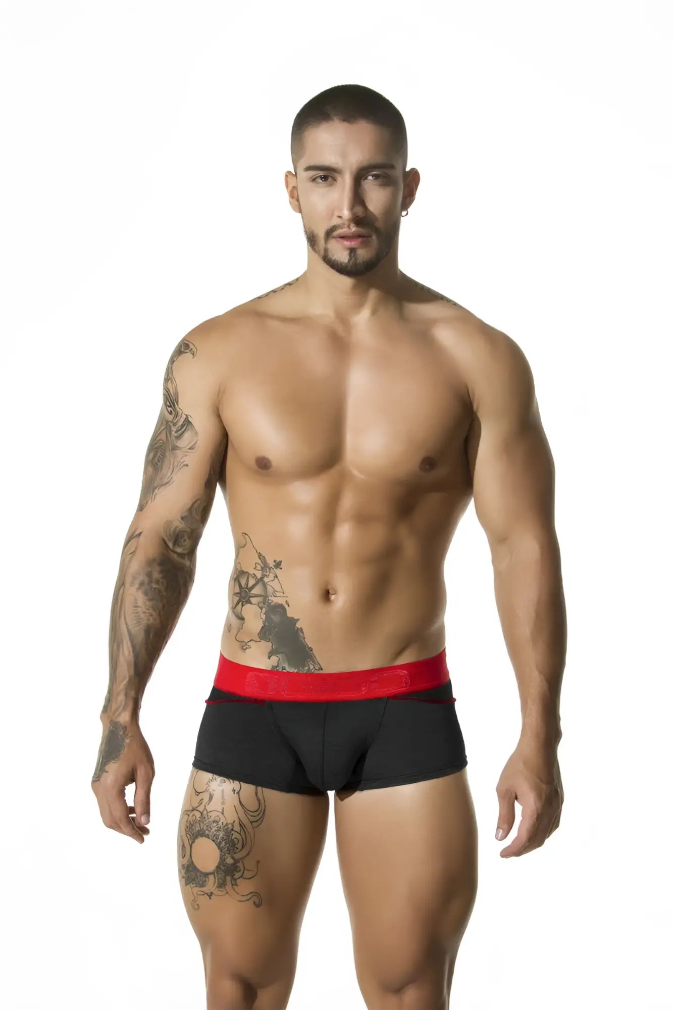 Gigo mesh black short boxer underwear size L with black briefs and bold red waistband front view