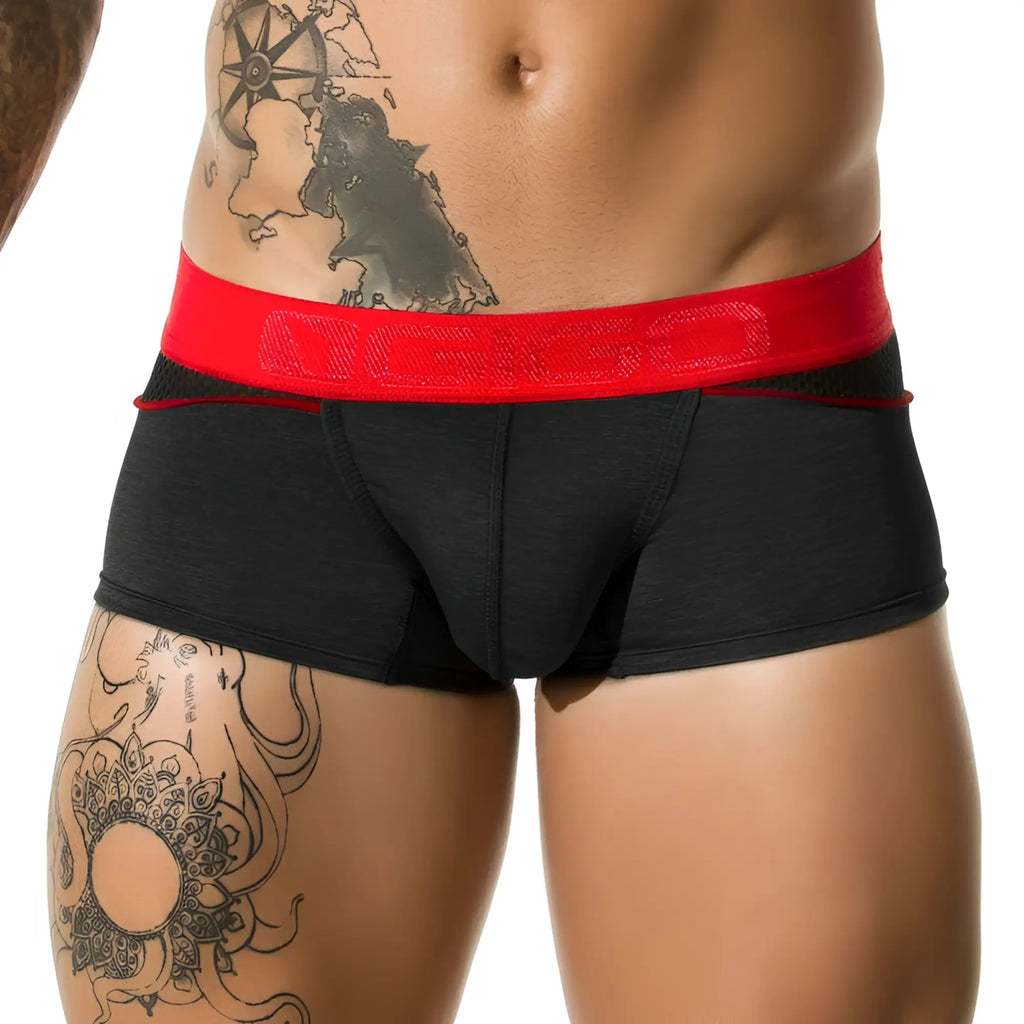 Black mesh short boxer underwear with bold red waistband and ogio textured logo size l