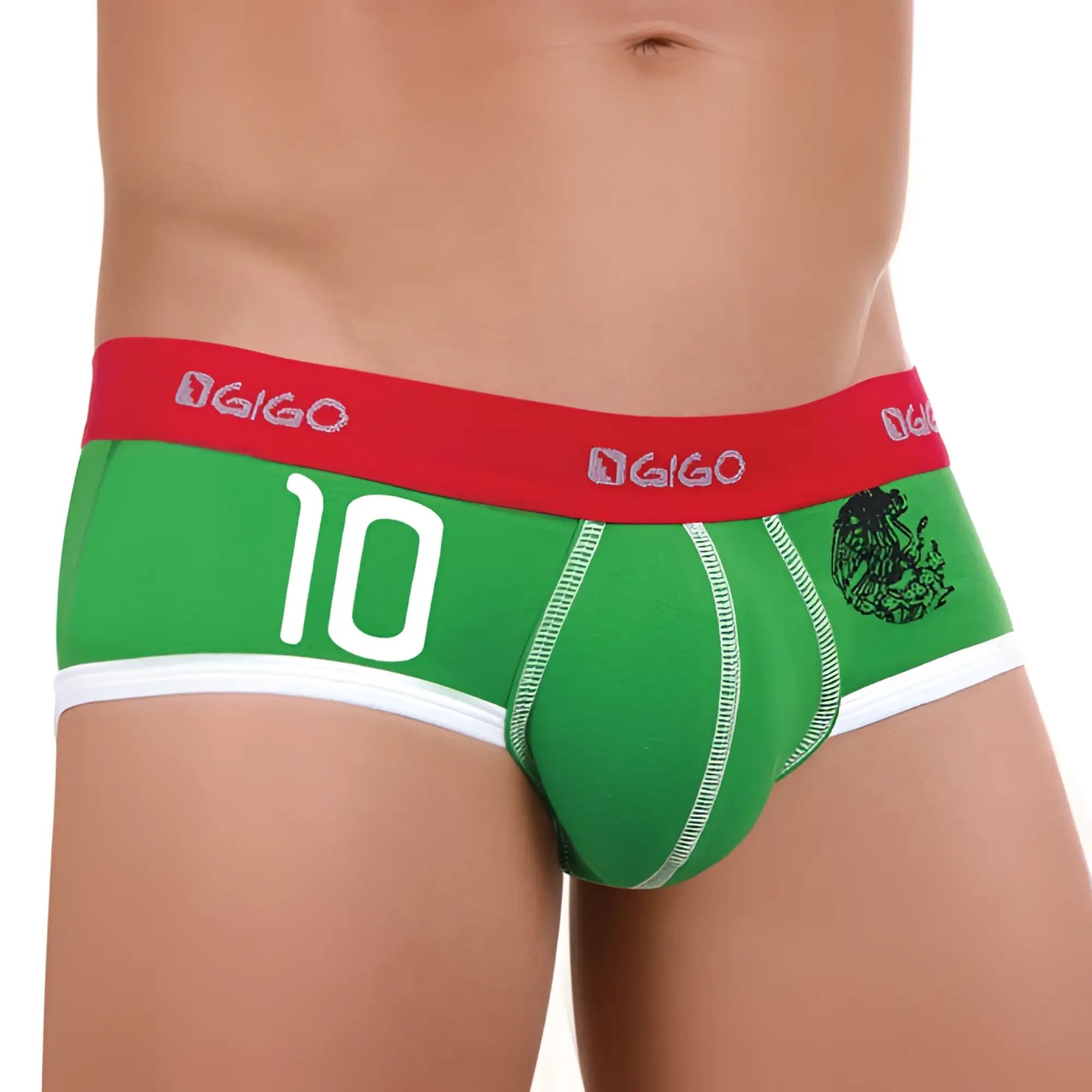 Green gigo mexico brief underwear size XL with red waistband, white trim, and white number 10 on front